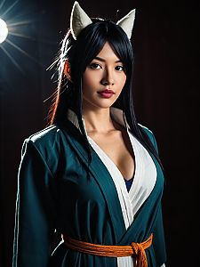 Realistic Sexy Woman Cosplaying Anime Character Karui with Fox Ears Costume