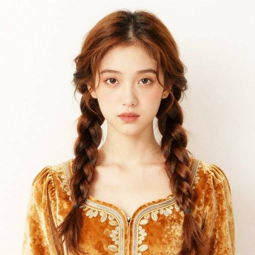 Young Woman in Vintage Mustard Velvet Dress with Braided Hair