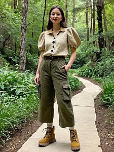 Young Woman Wearing Beige Blouse and Olive Cargo Pants Standing on Forest Path