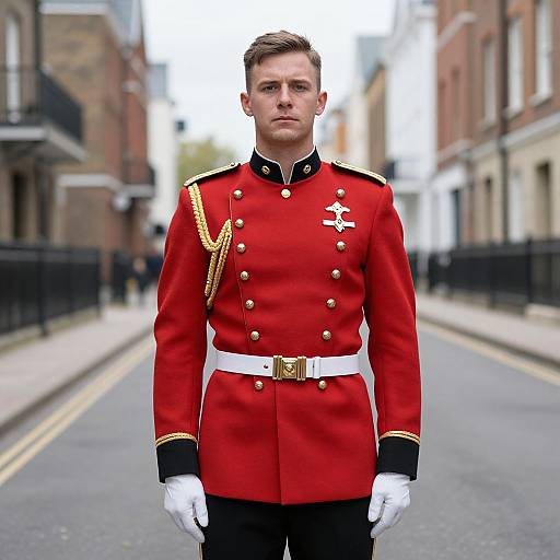 Young Man in Traditional British Military Dress Uniform on City Street