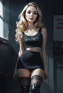 Stylish Young Woman in Black Crop Top and Mini Skirt by Window