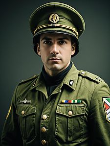 Photorealistic Cosplay of Man in Army-Inspired Olive Green Military Costume