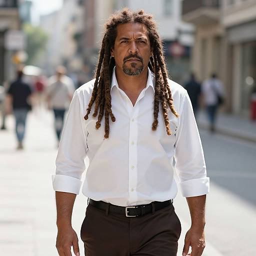 Confident Man with Dreadlocks Walking in Urban Street in White Shirt