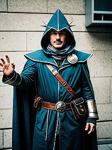 Realistic Charmcaster Cosplay Costume Man in Blue Hooded Robe
