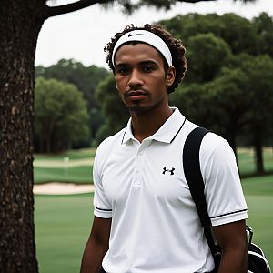 Young Man in Good Golf Apparel Outdoors with Golf Course Background