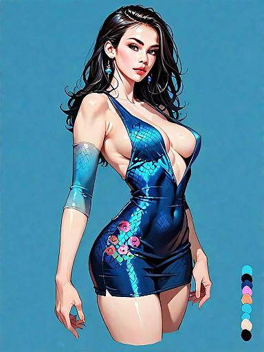 Realistic Comic Style Woman in Shiny Blue Dress Full Body Illustration