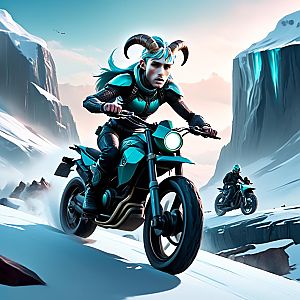 Man with Ram Horns Riding Motorcycle in Snowy Mountains