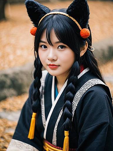 Portrait of Woman in Traditional Asian Costume with Cat Ear Headband Outdoors