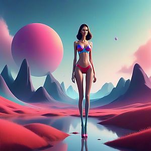 Slender Woman in Pink and Blue Bikini in Surreal Landscape