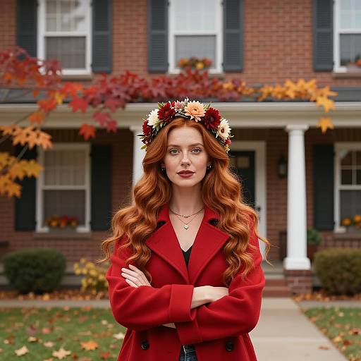 Confident Woman in Red Coat with Floral Crown in Autumn Setting