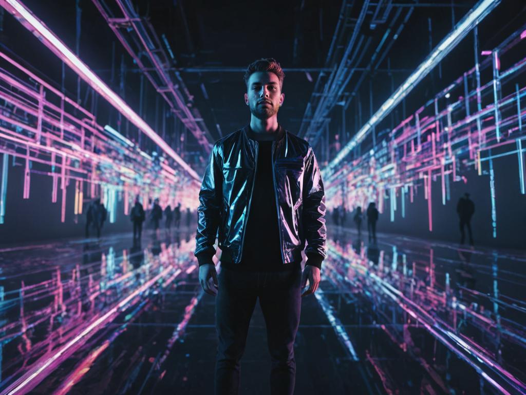 Man in Futuristic Neon Light Setting