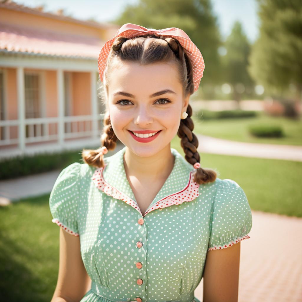 Cheerful Woman in Vintage Polka Dot Dress