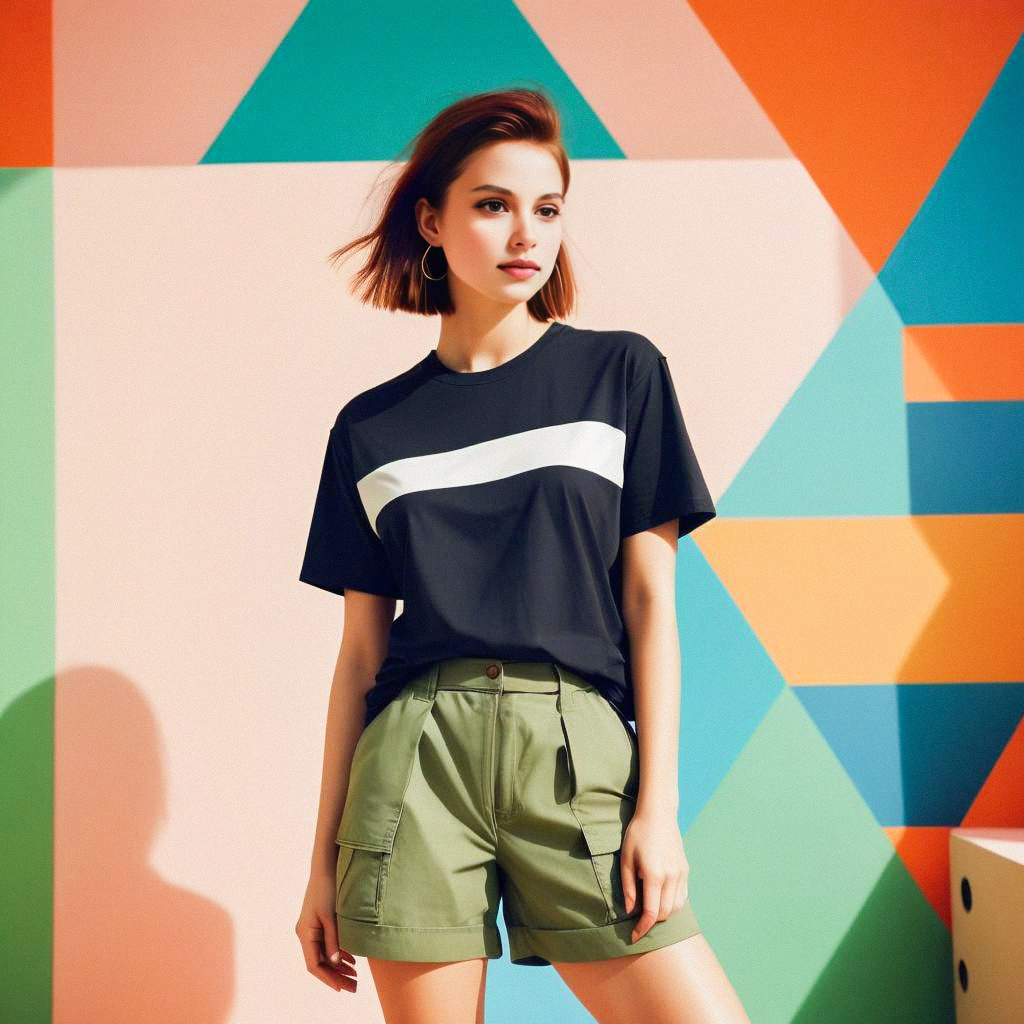 Stylish Young Woman in Trendy Outfit Against Geometric Background