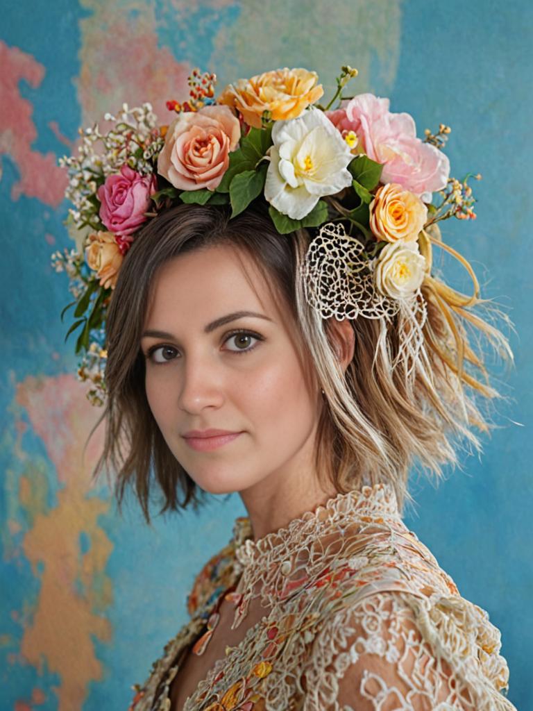 Bohemian Woman in Lace Dress with Floral Headpiece