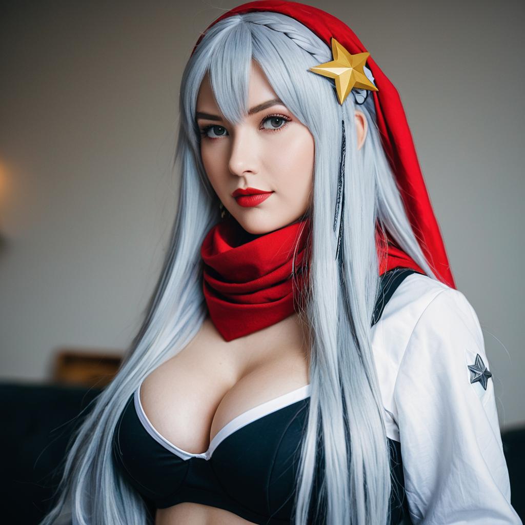Girls' Frontline Cosplay Portrait of Woman with Silver Hair and Red Scarf