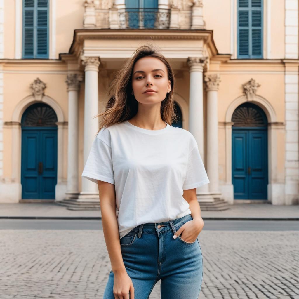 Confident Young Woman in Casual White T-Shirt and Jeans by Classical Building