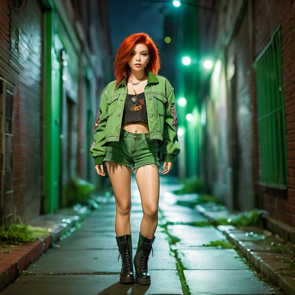 Confident Woman in Green Outfit with Red Hair