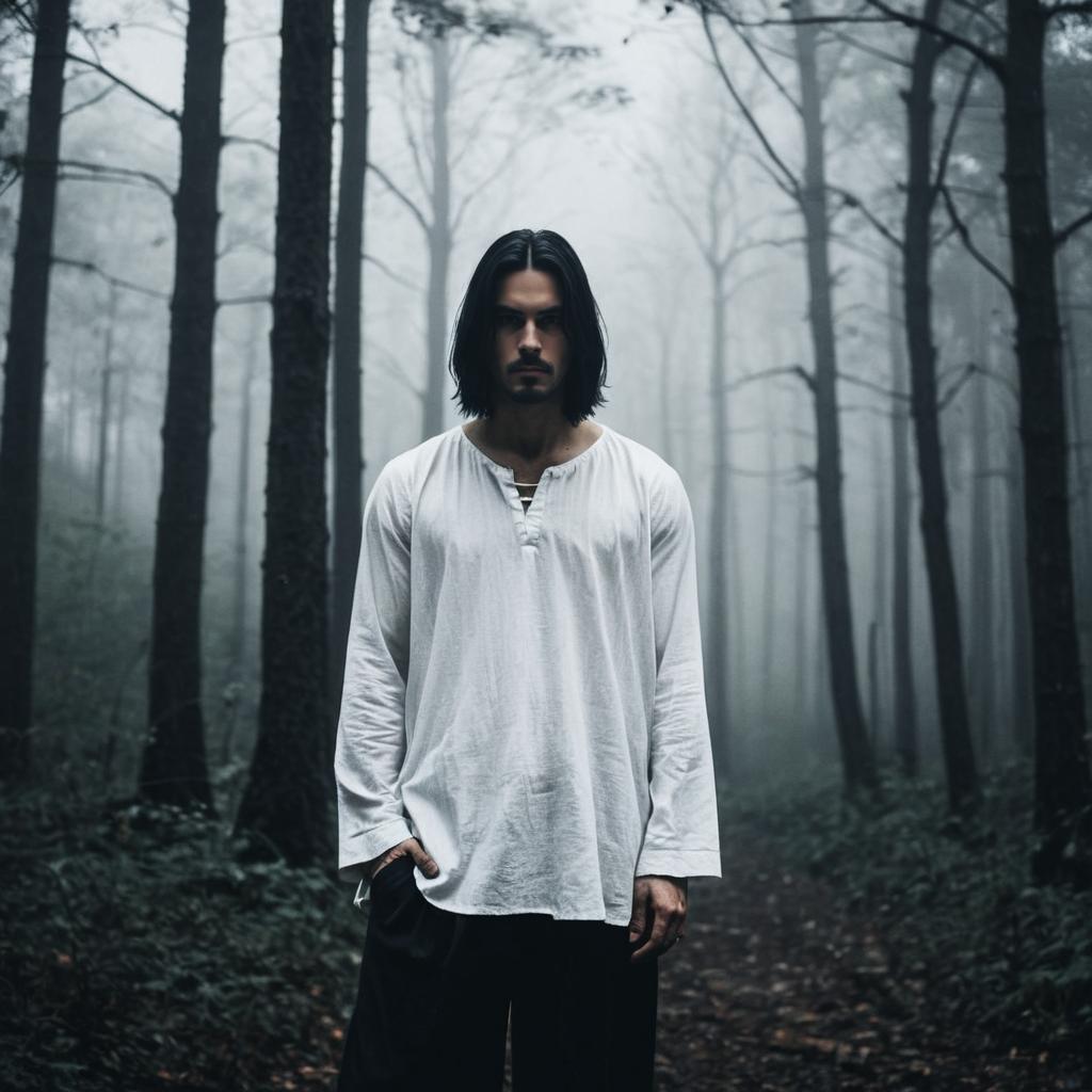 Mysterious Man in Misty Forest