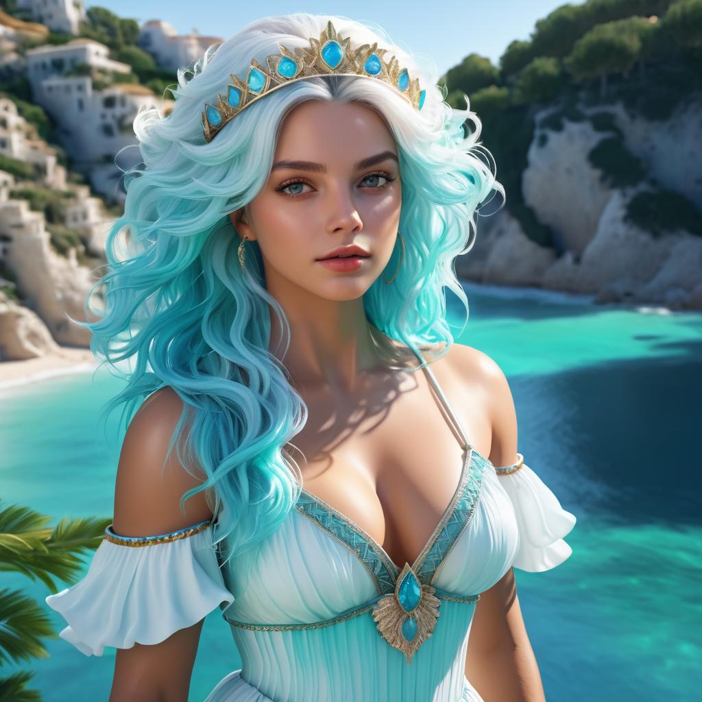 Enchanting Woman with Aquamarine Hair in Coastal Setting