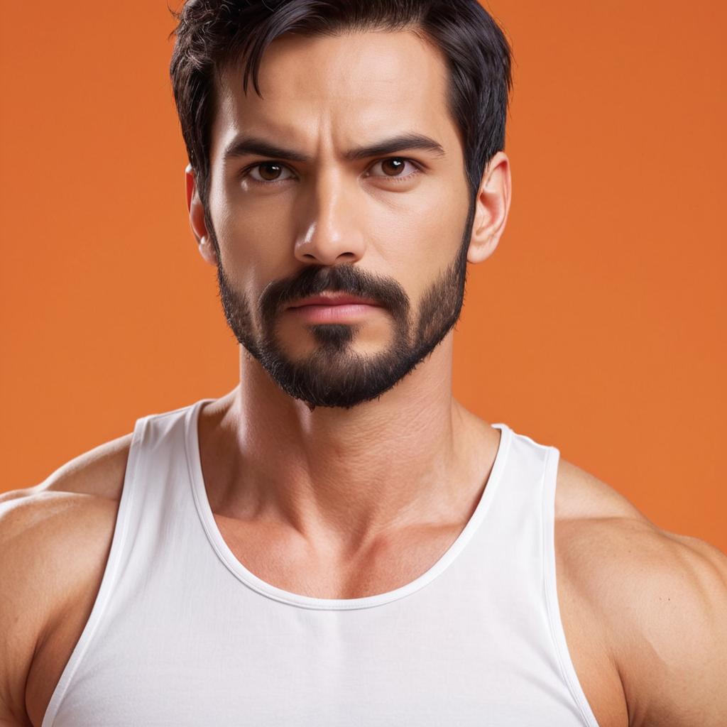 Portrait of Serious Man with Beard Wearing White Tank Top on Orange Background