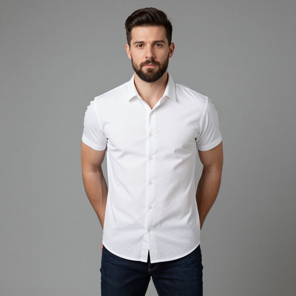 Man Wearing White Short Sleeve Shirt and Dark Jeans Standing Against Gray Background