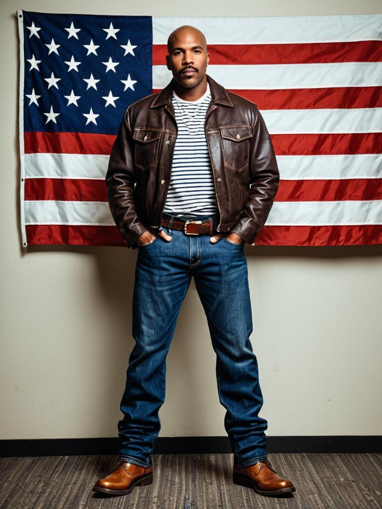 Man Wearing Classic Brown Leather Jacket and Jeans Standing by American Flag