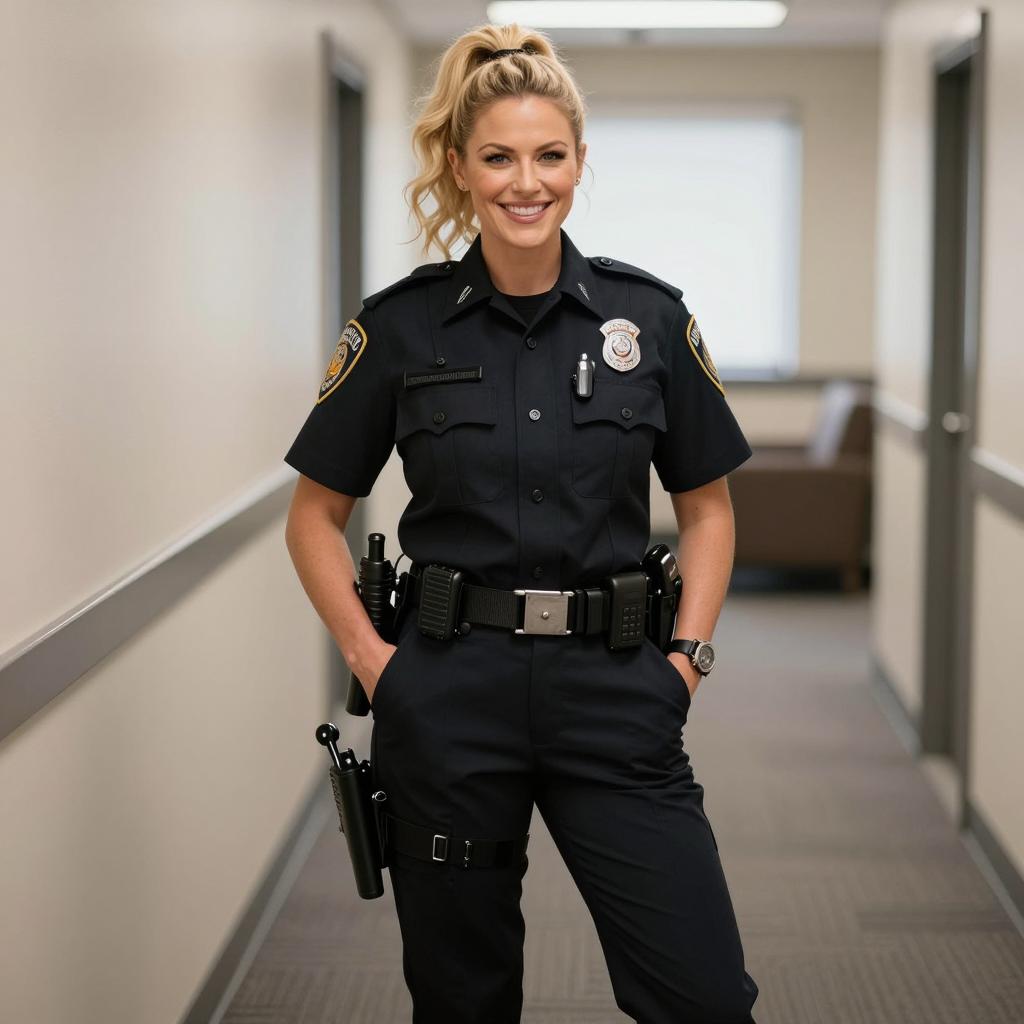Confident Female Police Officer in Navy Uniform Smiling in Hallway