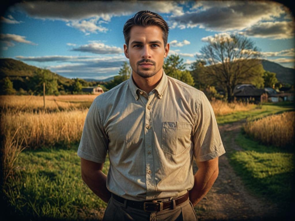 Man in Serene Rural Landscape at Sunset