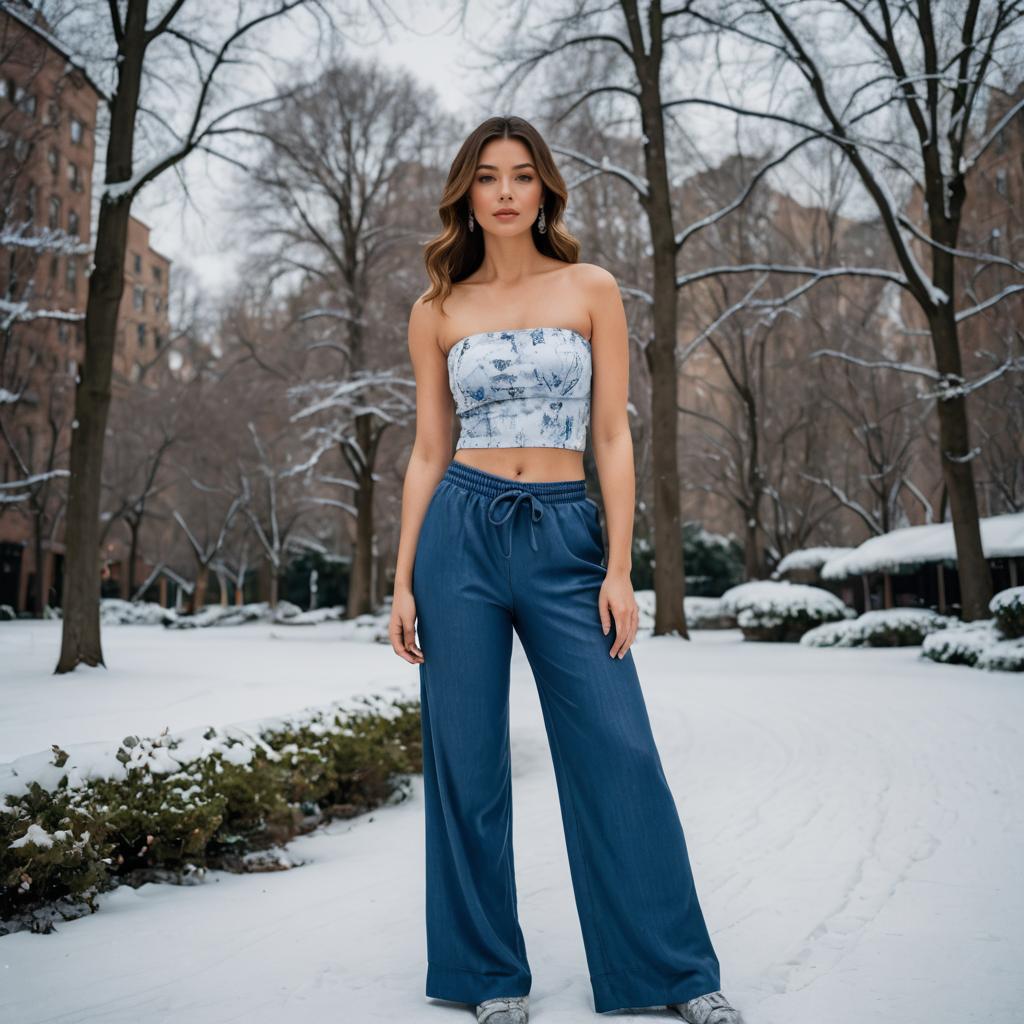 Stylish Woman in Crop Top and Blue Pants Posing in Snowy Urban Park