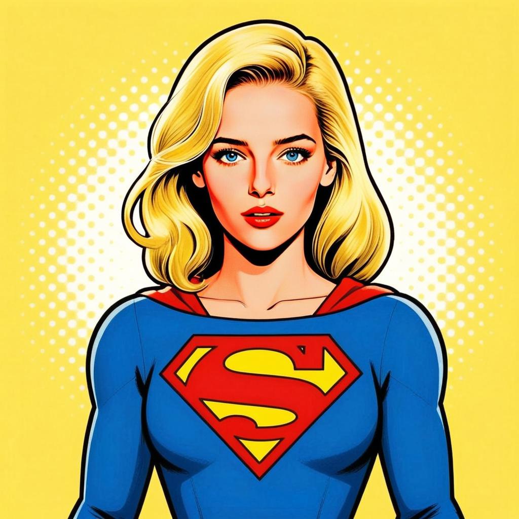 Pop Art Illustration of Supergirl with Blonde Hair in Comic Style