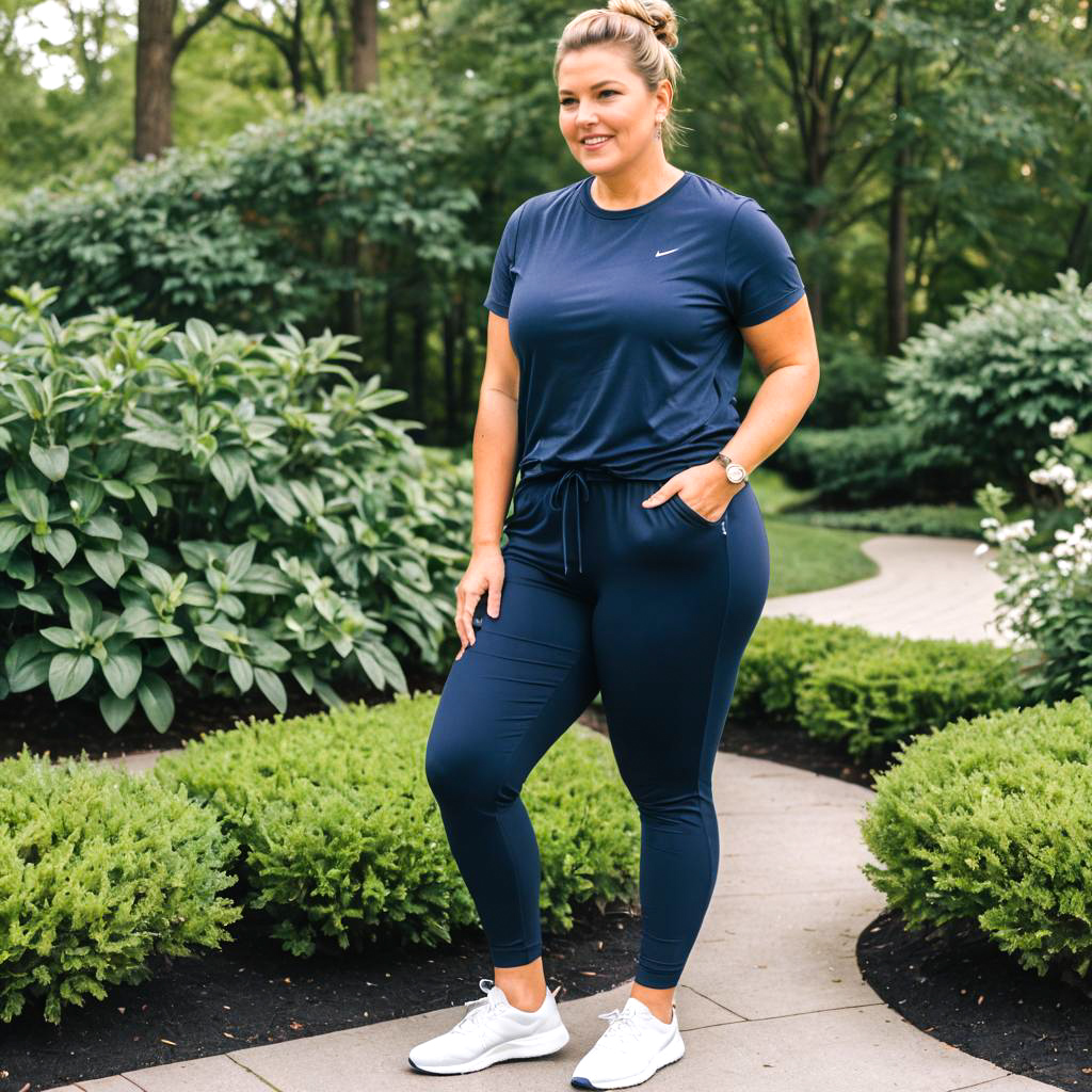 Confident Woman in Navy Athletic Outfit in Lush Outdoor Setting