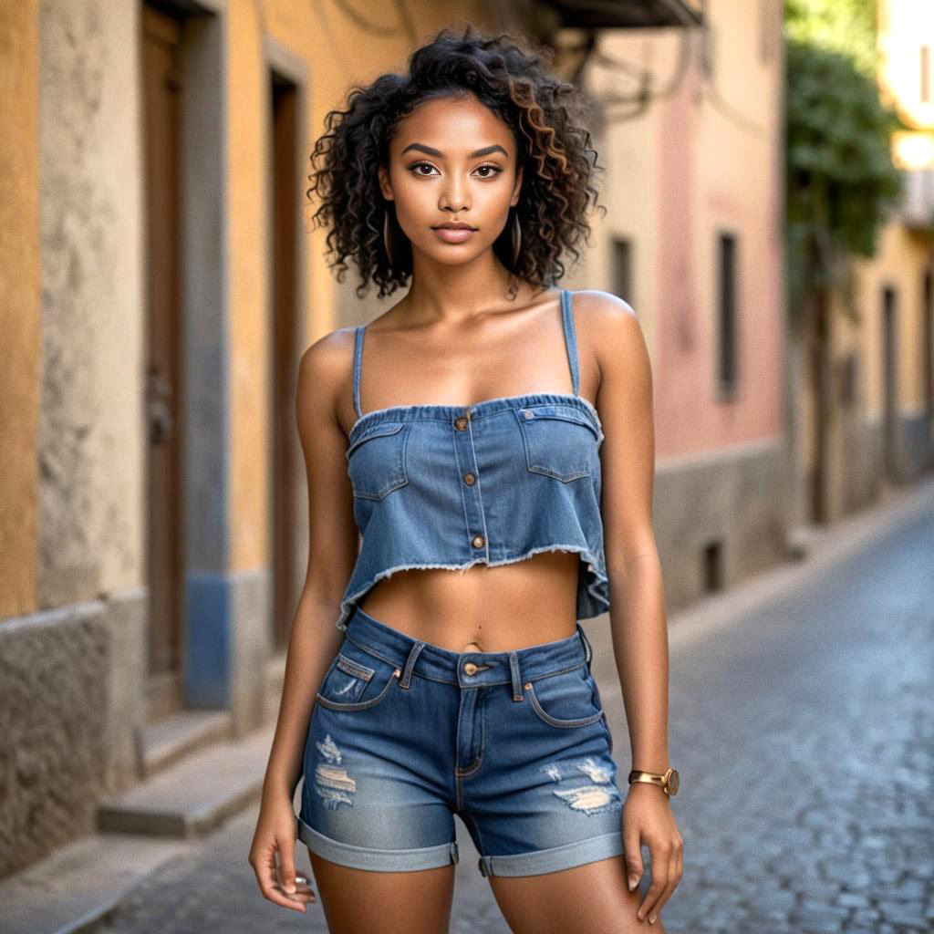 Confident Young Woman in Denim Crop Top and Shorts