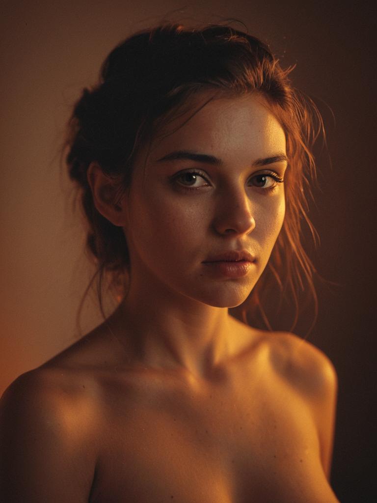 Warm Lit Close-Up Portrait of Young Woman Realistic Photography