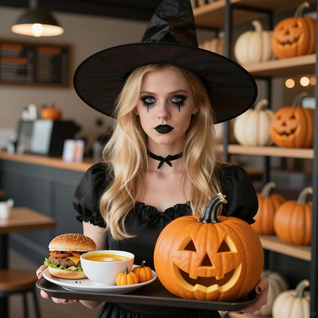 Halloween Witch Woman Holding Jack-O'-Lantern and Food Tray
