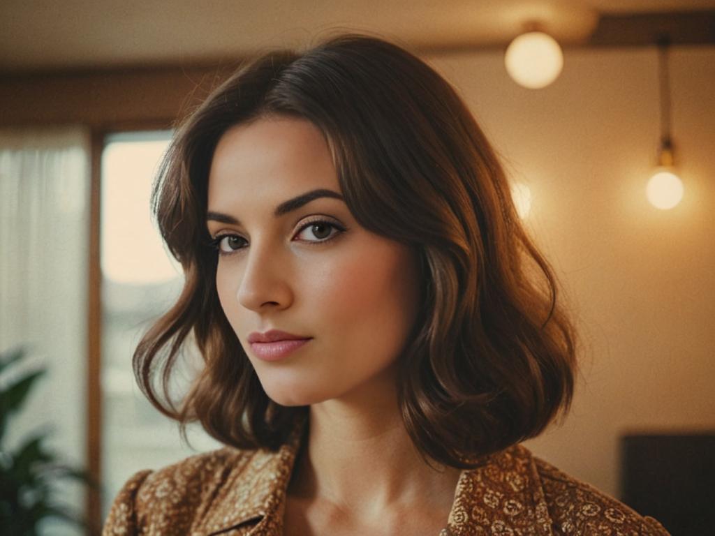 Elegant Woman with 70s Hairstyle in Analog Film Portrait