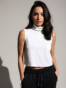 Woman Wearing Minimalist White Sleeveless Turtleneck Crop Top with Black Relaxed Pants