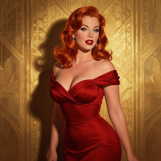 Vintage Hollywood Glamour Woman in Red Dress Against Art Deco Background