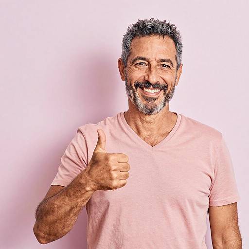 Joyful Middle-Aged Man Giving Thumbs Up in Pink Shirt