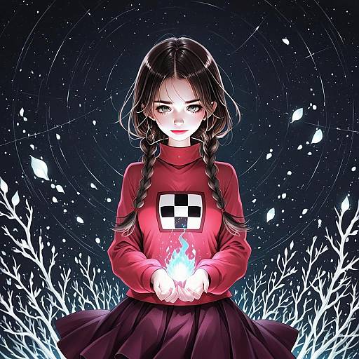 Dark Illustrious Digital Anime Illustration of Woman with Glowing Flame