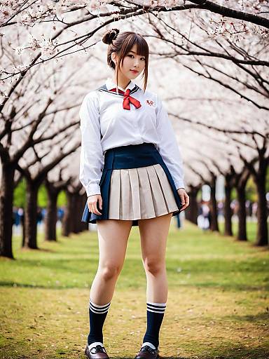 Young Woman in Japanese School Uniform Under Cherry Blossoms Hanami Ume