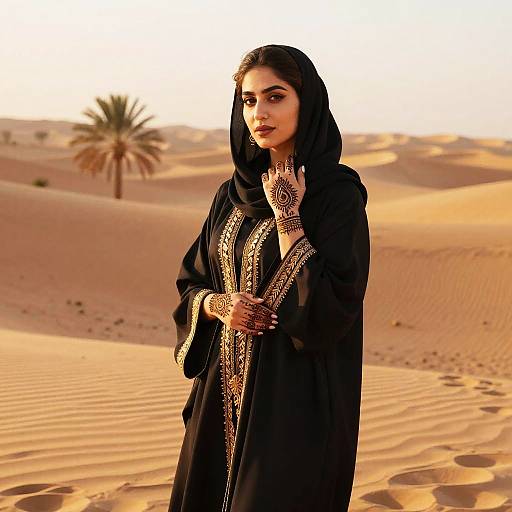 Elegant Woman in Traditional Abaya with Henna in Desert Landscape