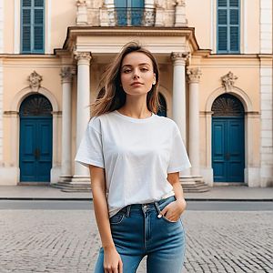 Confident Young Woman in Casual White T-Shirt and Jeans by Classical Building