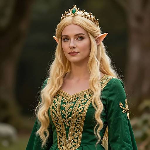Elven Princess in Green Medieval Gown with Gold Embroidery and Crown