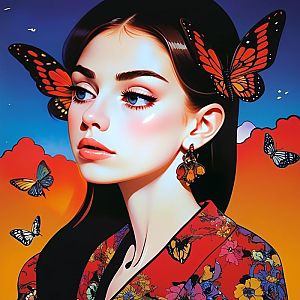 Young Woman with Blue Eyes and Butterflies