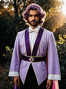 Man in Lilac Costume Cosplay with Purple Hair and Sash