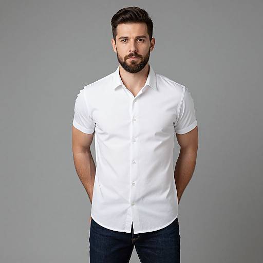 Man Wearing White Short Sleeve Shirt and Dark Jeans Standing Against Gray Background