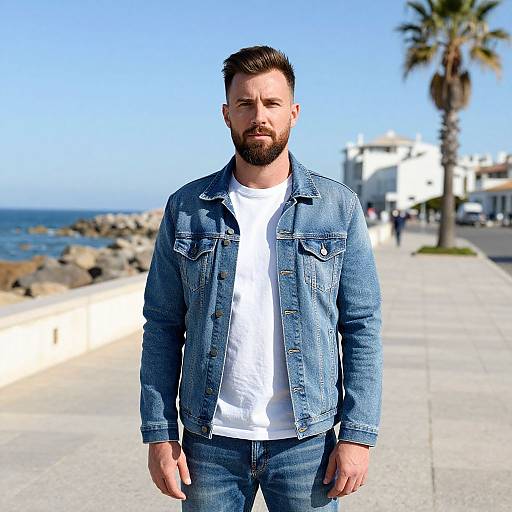 Man in Denim Jacket by the Seaside Promenade