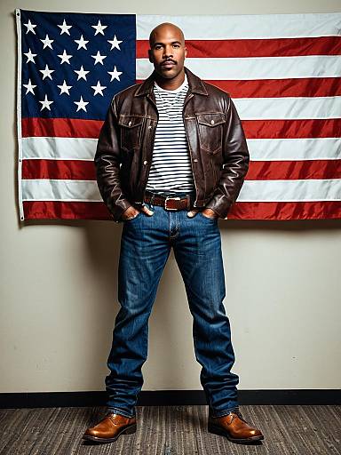 Man Wearing Classic Brown Leather Jacket and Jeans Standing by American Flag