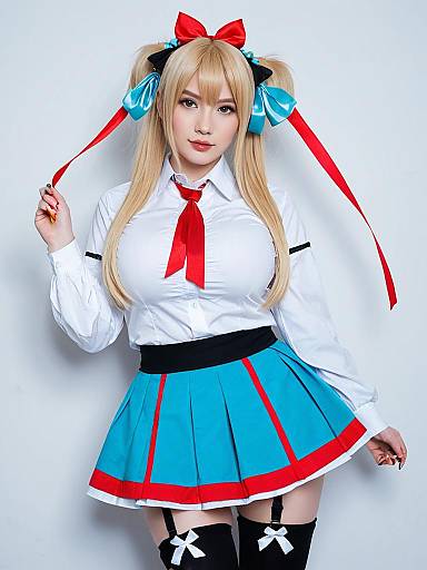 Akai Haato 1st Costume Cosplay with Blonde Twin-Tail and Blue Skirt