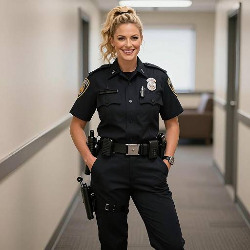 Confident Female Police Officer in Navy Uniform Smiling in Hallway